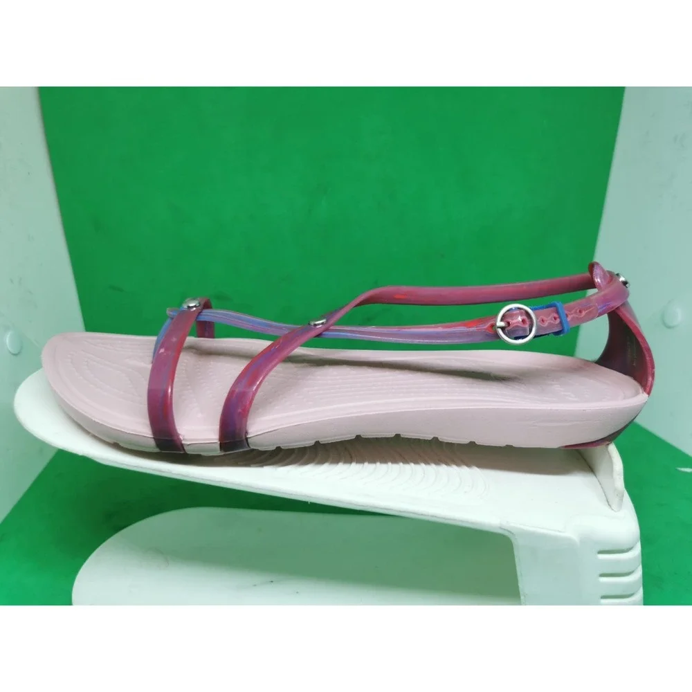 CROCS Size 7 Really Sexi Thong Pink Marble Studded Strappy Sandals Comfort Flat